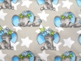 Bavlněná látka panel 50 x 80 cm - modří sloni s hvězdami na šedé