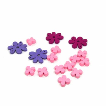 Dřevěné korálky květiny - růžový a fialový mix