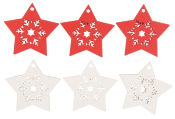 Dřevěné výřezy (6 ks) - hvězdy s lepíkem červené a bílé 4,5 cm